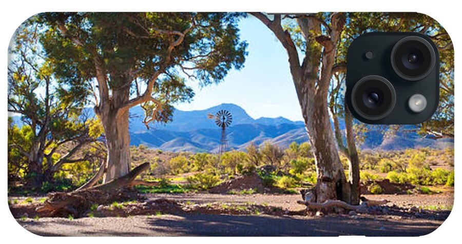 Flinders Ranges Windmill Outback South Australia Australian Landscape Landscapes Stony River Bed Gum Trees iPhone 15 Case featuring the photograph Flinders Ranges Windmill by Bill Robinson