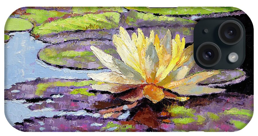 Golden Water Lily iPhone Case featuring the painting Floating Gold by John Lautermilch
