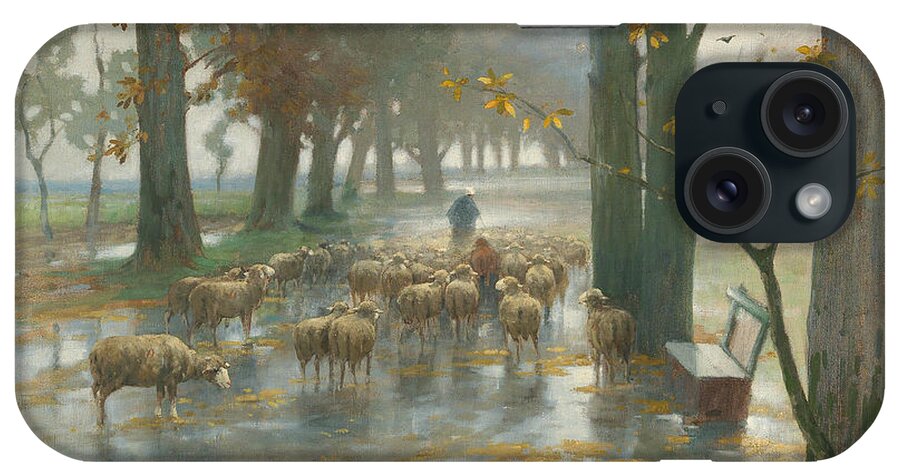 Adolf Kaufmann iPhone Case featuring the painting Flock of Sheep with Shepherdess on a Rainy Day by Adolf Kaufmann