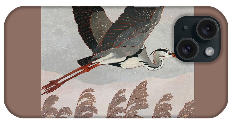 Grey Heron iPhone Case featuring the painting Flying Heron by Attila Meszlenyi