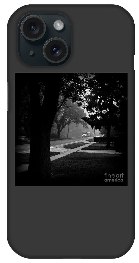 Frank J Casella iPhone Case featuring the photograph Foggy Morning Bus Ride - Black and White by Frank J Casella