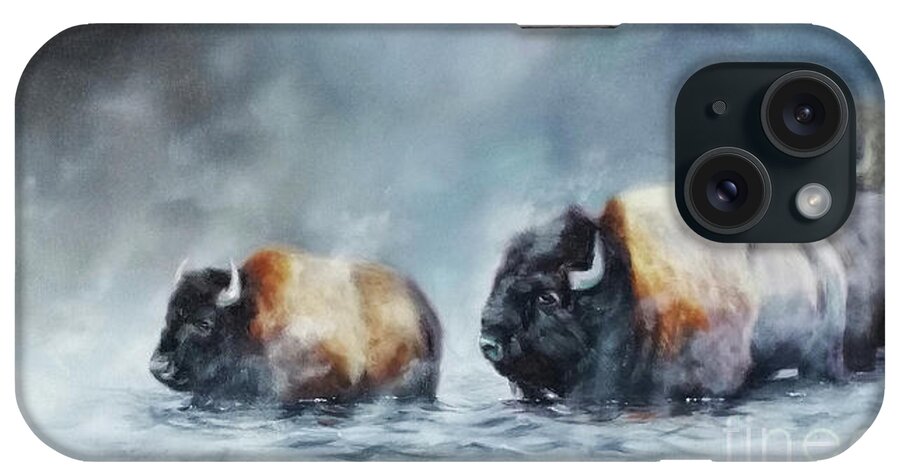 Bison iPhone Case featuring the painting Foggy River Crossing by Charice Cooper