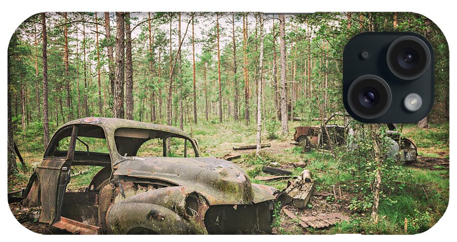 Vintage iPhone Case featuring the photograph Forest car cemetery by Sophie McAulay