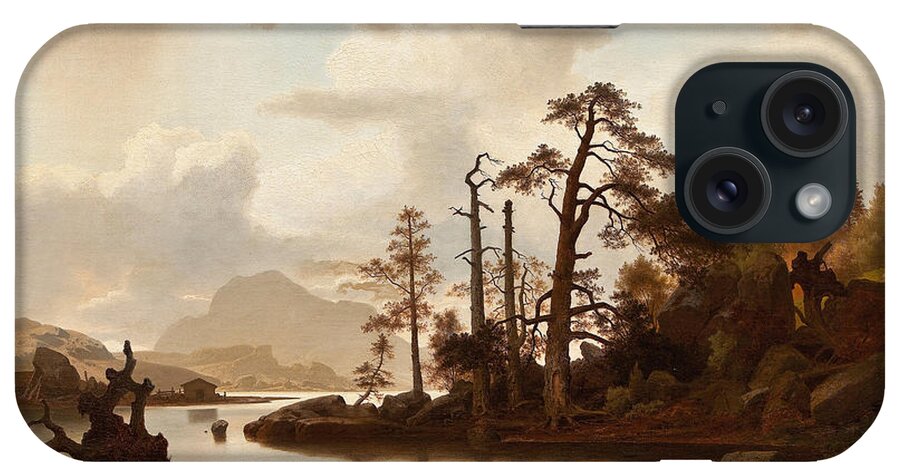 Erik Bodom iPhone Case featuring the painting Forest landscape with lake by Erik Bodom