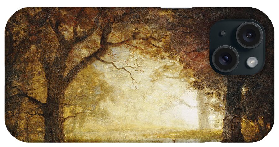 Landscape; American; Wood; Dawn; Clearing; Deer iPhone Case featuring the painting Forest Sunrise by Albert Bierstadt by Albert Bierstadt