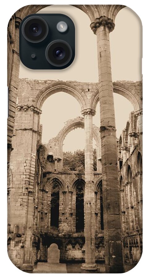 Fountains Fountain Abbey England Sepia Old Medieval Middle Ages Church Monastery Nun Nuns Architecture York Yorkshire Monasteries Aldfield Ruins Saint Century Black Death Claustral Building Cistercian Granges Cathedral Cloister Feudal iPhone Case featuring the photograph Fountains Abbey #52 by Raymond Magnani