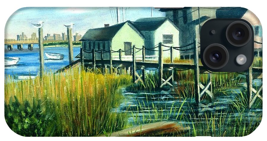 Four Houses On The Water iPhone Case featuring the painting High Tide In Broad Channel, N.Y. by Madeline Lovallo