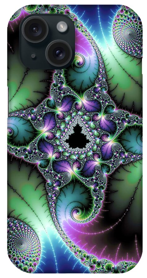 Fractal iPhone Case featuring the digital art Fractal floral art green purple blue by Matthias Hauser