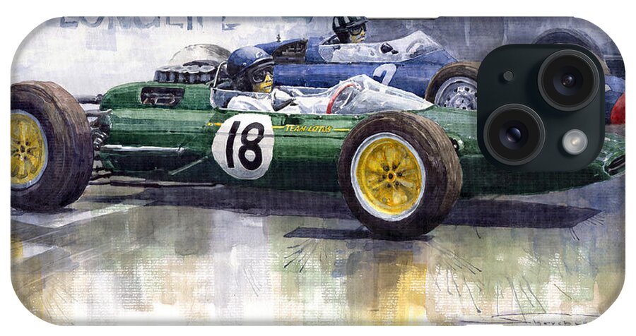 Watercolour iPhone Case featuring the painting French GP 1963 Start Lotus vs BRM by Yuriy Shevchuk