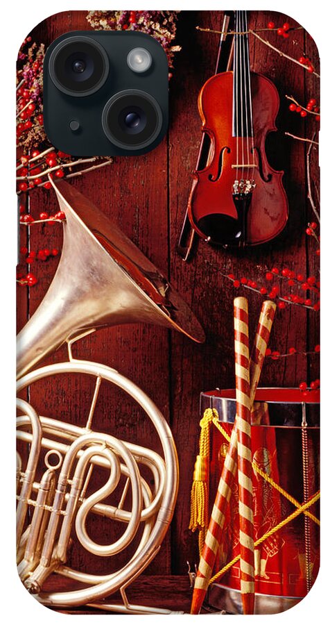 Violin iPhone Case featuring the photograph French horn Christmas still life by Garry Gay