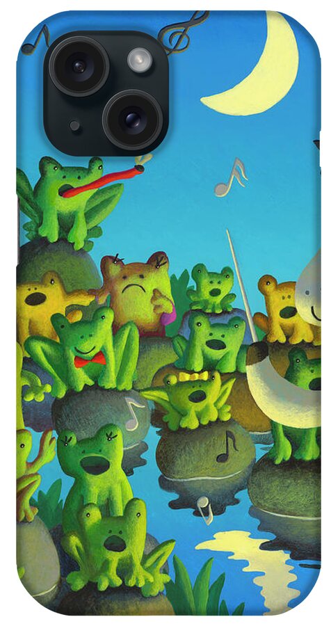 Chris Miles Frogs Unicorn Singing Choir Music Moonlight Swamp iPhone Case featuring the painting Frog Choir by Chris Miles