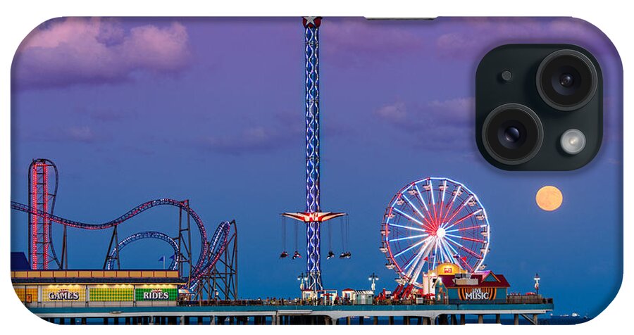 Galveston iPhone Case featuring the photograph Full Moon Rising and Historic Pleasure Pier in Galveston Island - Texas Gulf Coast by Silvio Ligutti