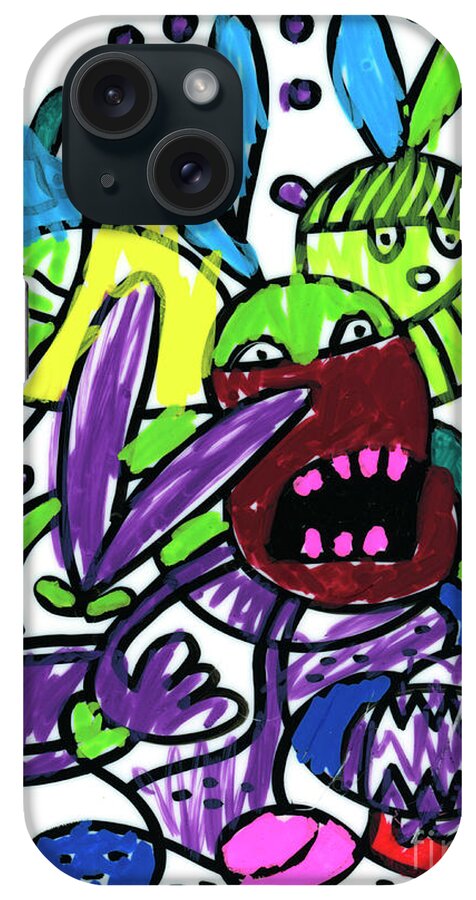 Face iPhone Case featuring the digital art Funny Monsters Doodle Colorful Drawing by Frank Ramspott