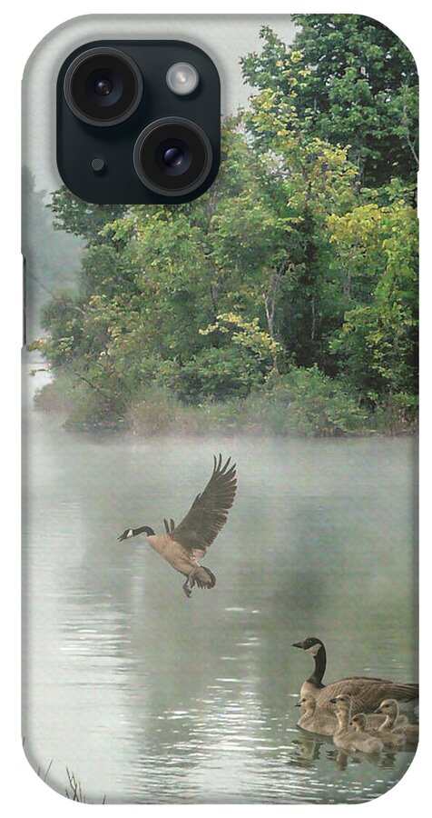 Geese iPhone Case featuring the digital art Geese on Misty Lake by M Spadecaller