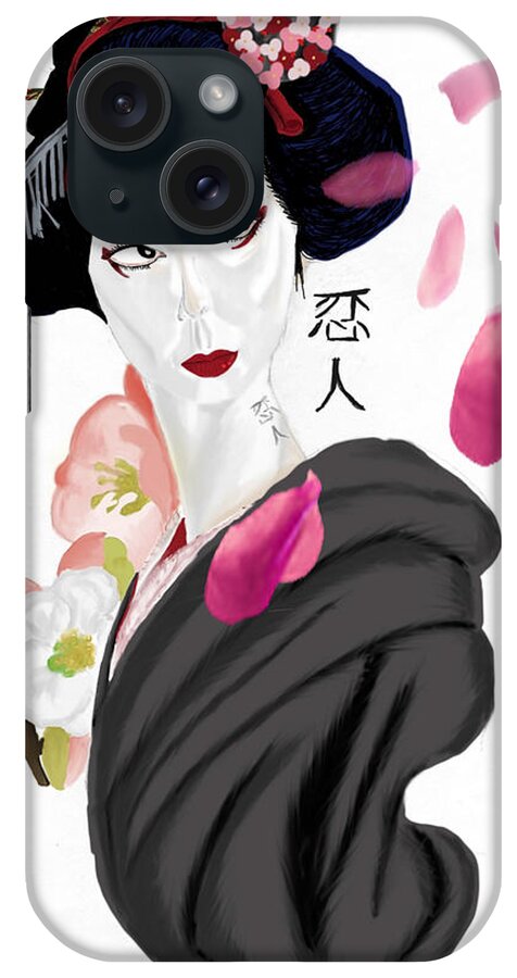 Geisha Lover Cherry Blossoms Asian Japanese iPhone Case featuring the digital art Geisha Lover by Bless Misra
