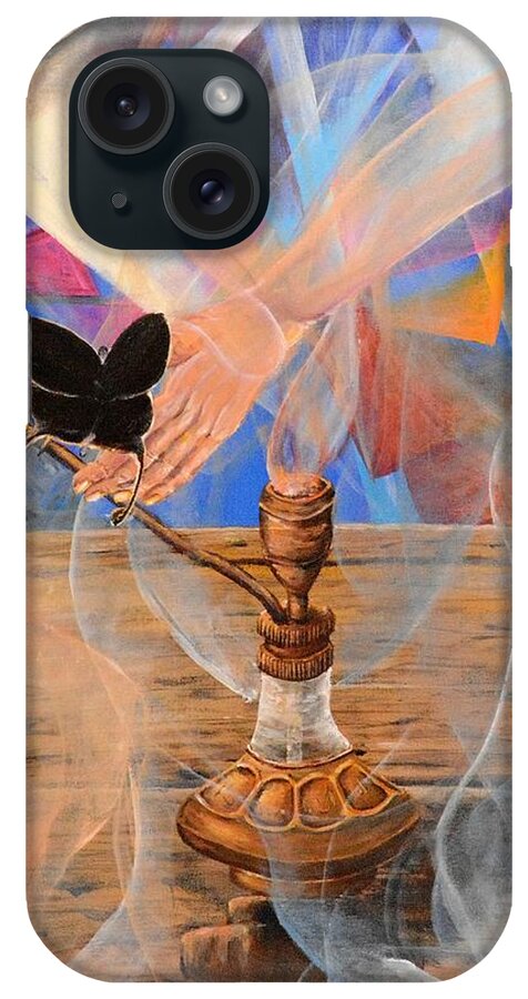 Jinn iPhone Case featuring the painting Genie, Bottle and butterfly by Medea Ioseliani