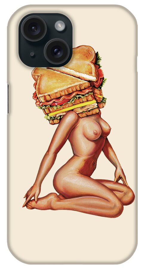 Nude Naked Lady Woman Women Girl Pin-up Model Pose Posing Illustration Sandwich Club Toast Bread White Half Tomato Lettuce Bacon Turkey Mayo Mayonnaise Cheese Slice Ham Boobs Boobies Tit Tits Breast Breasts Nipples Sexy Hot Kitschy Vintage Tacky Weird Surrealism Surrealistic Photorealism Illustration Realistic Fun Funny Humor Painting iPhone Case featuring the painting Gentlemen's Club by Kelly Gilleran