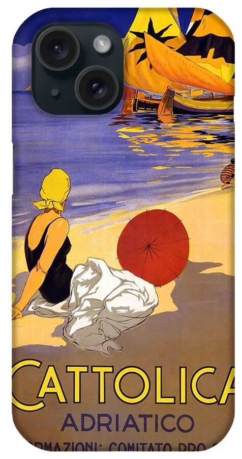 Girl On A Beach iPhone Case featuring the painting Girl on a beach in Cattolica Rimini Italy - Vintage Travel Poster by Studio Grafiikka