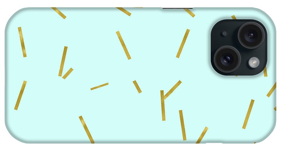 Stix iPhone Case featuring the digital art Glitter confetti on aqua gold pick up sticks pattern by Tina Lavoie