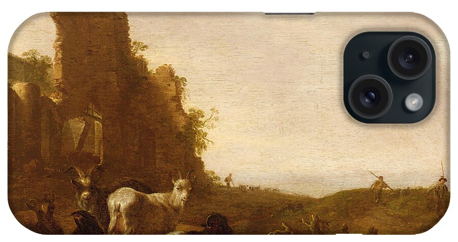 Jacob De Heusch - Goats Near A Ruin With Herdsmen Beyond iPhone Case featuring the painting Goats Near A Ruin With Herdsmen Beyond by MotionAge Designs