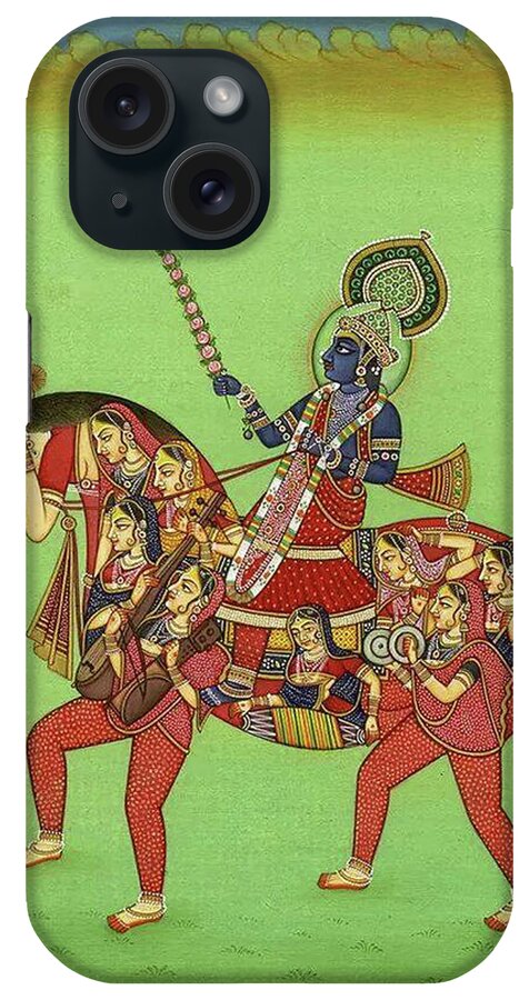 God Krishna iPhone Case featuring the painting God Krishna, God Of Love And Beauty, Hindu Vedic Art, Indian Miniature Painting Watercolor Artwork by B K Mitra