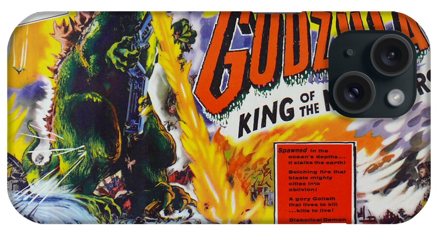 Godzilla iPhone Case featuring the painting GodZilla King of the Monsters An enraged monster wipes out an entire city vintage movie poster by Vintage Collectables