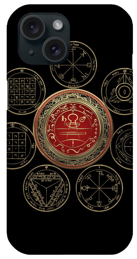 'sacred Symbols' Collection By Serge Averbukh iPhone Case featuring the digital art Gold Seal of Solomon over Seven Pentacles of Saturn on Black Canvas by Serge Averbukh