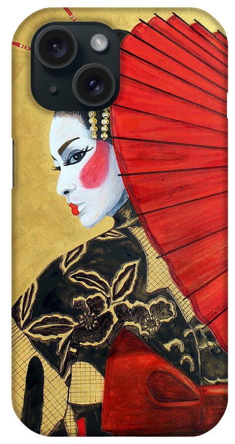 Geisha iPhone Case featuring the painting Golden World Watercolor by Kimberly Walker