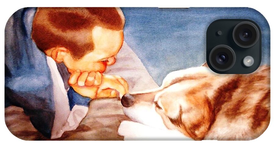 Boy & Dog iPhone Case featuring the painting Goodbye Misty by Marilyn Jacobson
