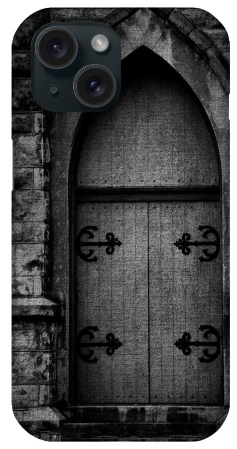 Door iPhone Case featuring the photograph Gothic Door Memphis Church BW by Lesa Fine