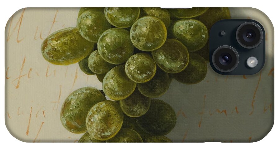 Green Yellow Grapes White Fruit Still Life iPhone Case featuring the painting Grapes by Miljan Vasiljevic