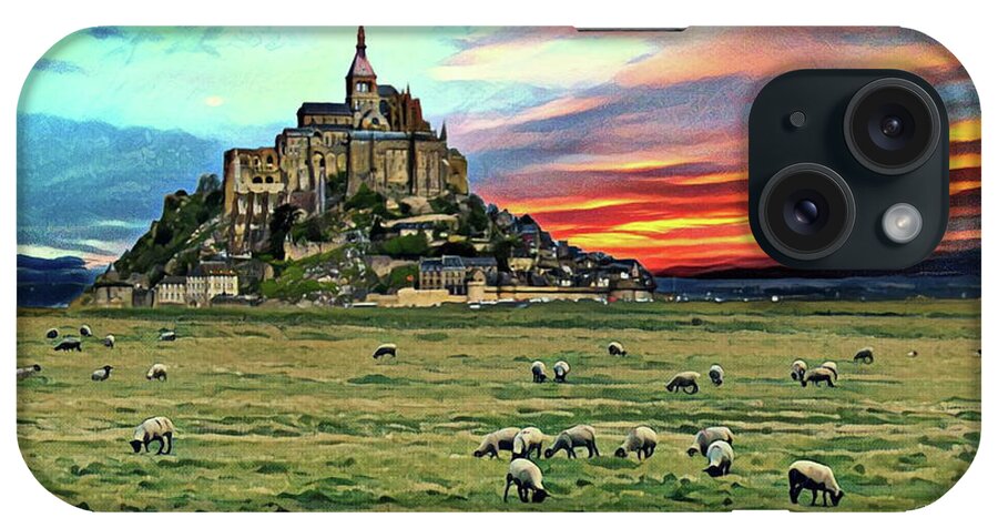 Sheep iPhone Case featuring the digital art Grazing at Mont Saint Michel by Russ Harris