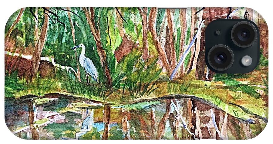Great Blue Heron iPhone Case featuring the painting Great Blue Heron Pond Reflections by Ellen Levinson