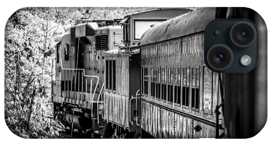 Kelly Hazel iPhone Case featuring the photograph Great Smokey Mountain Railroad Looking Out at the Train in Black and White by Kelly Hazel