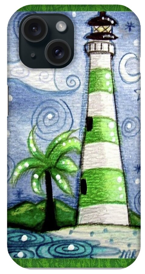 Lighthouse iPhone Case featuring the painting Green and White Tropical Lighthouse by Monica Resinger