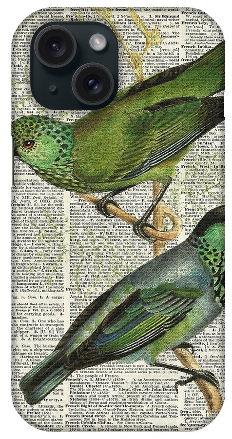 Green iPhone Case featuring the digital art Green Canary Birds Couple Over Vintage Dictionary Book Page by Anna W