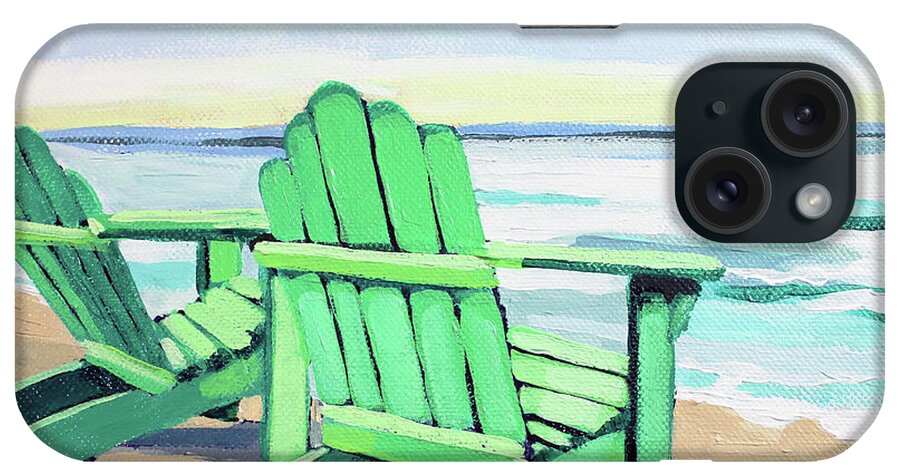 Leisure iPhone Case featuring the painting Green Chairs on the Shore by Melinda Patrick