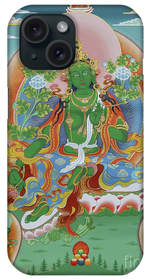 Thangka iPhone Case featuring the painting Green Tara with Retinue by Sergey Noskov