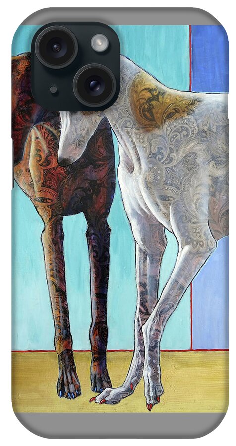 Greyhound iPhone Case featuring the painting Paisley Paws de Deux by Ande Hall