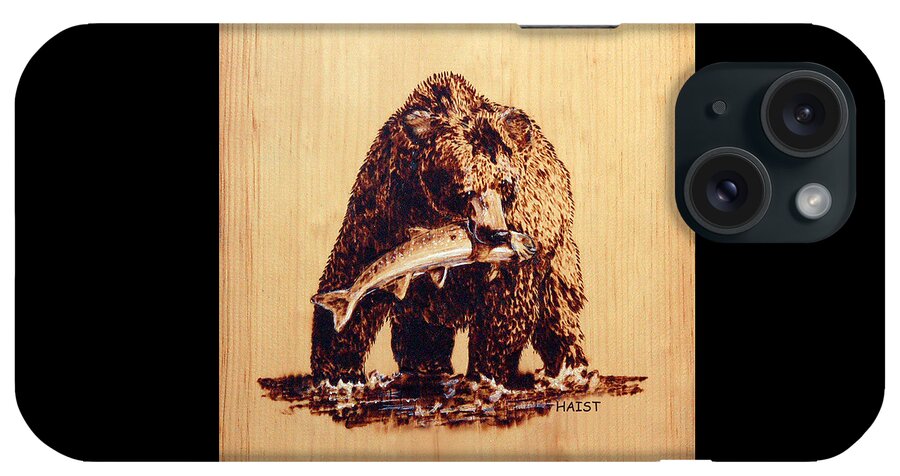  iPhone Case featuring the pyrography Grizzly 3 Pillow/bag by Ron Haist