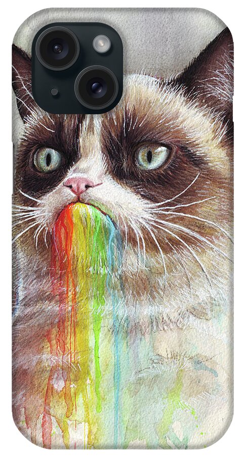 Grumpy Cat iPhone Case featuring the painting Grumpy Cat Tastes the Rainbow by Olga Shvartsur