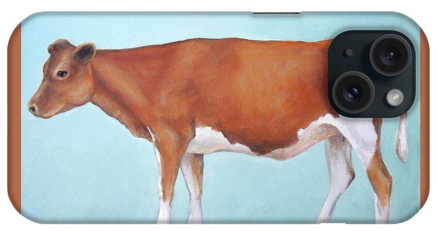 Guernsey Cow iPhone Case featuring the painting Guernsey Cow Standing Light Teal Background by Dottie Dracos