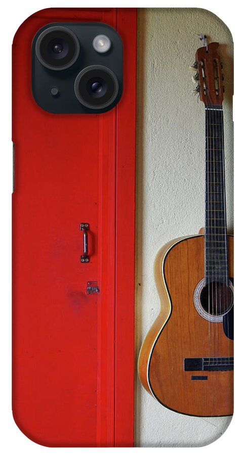 Guitar iPhone Case featuring the photograph Guitar and Red Door by Adam Reinhart