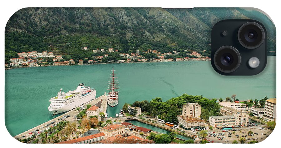 Kotor iPhone Case featuring the photograph Gulf of Kotor with cruise liner by Iryna Liveoak