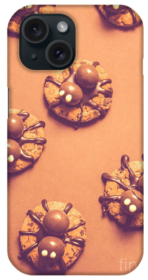 Trick Or Treat iPhone Case featuring the photograph Halloween Spider Cookies on Brown Background by Jorgo Photography