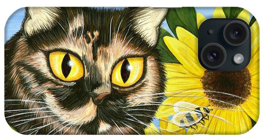 Tortoiseshell Cat iPhone Case featuring the painting Hannah Tortoiseshell Cat Sunflowers by Carrie Hawks