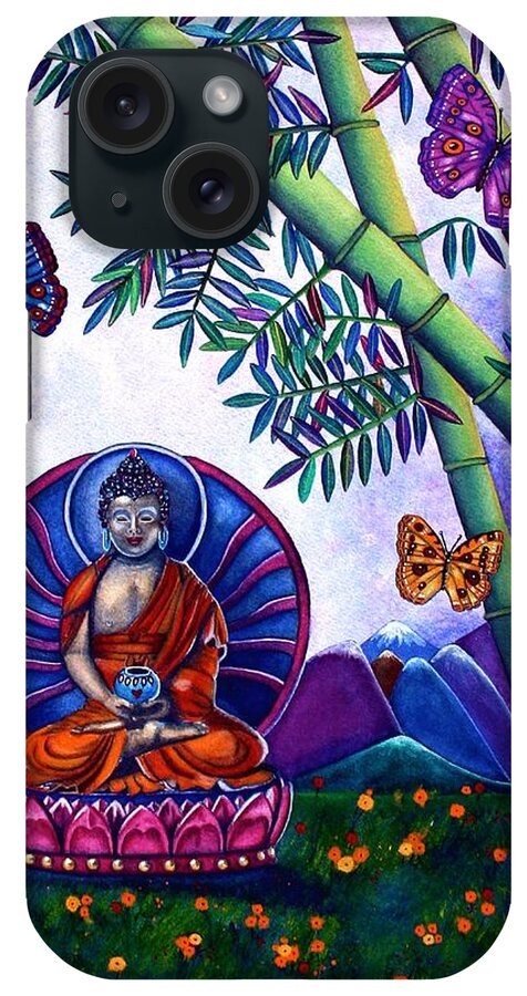 Happy iPhone Case featuring the painting Happy Buddha and Prosperity Bamboo by Lori Miller