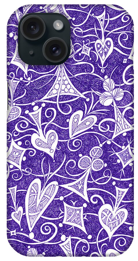Lise Winne iPhone Case featuring the drawing Hearts, Spades, Diamonds And Clubs In Purple by Lise Winne