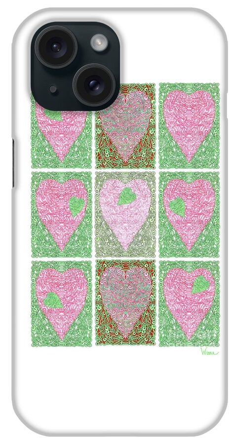 Lise Winne iPhone Case featuring the digital art Hearts Within Hearts in Green and Pink by Lise Winne