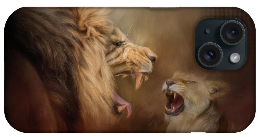 Jai Johnson iPhone Case featuring the painting Heated Conversation Lion Art by Jai Johnson
